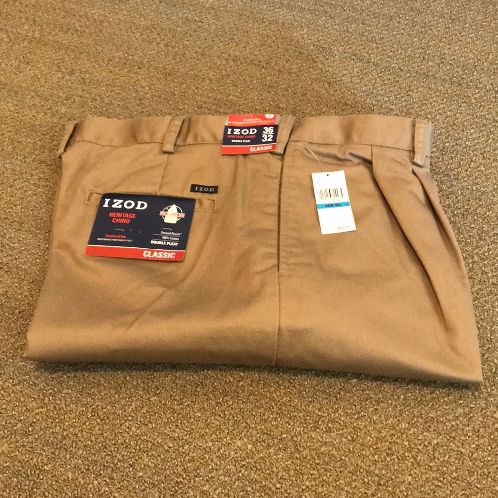 IZOD classic, no-iron, double pleat, cuffed chinos